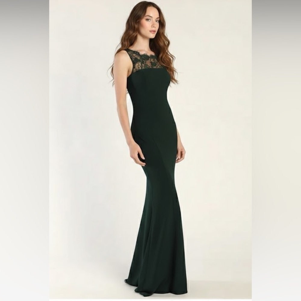 Lulu’s NWT Emerald Green Lace Illusion Long Maxi Dress Gown Bridesmaid Small